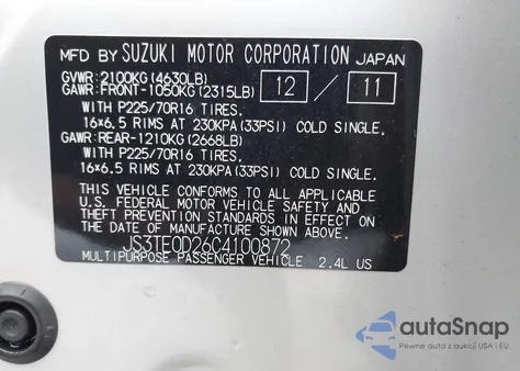 2012 Suzuki Grand Vitara Premium z USA, uszkodzony, nr VIN JS3TE0D26C4100872